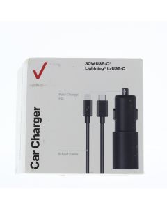 Verizon A-STOCK Car Lighter to Lightning Car Charger 30W 3AMP 6FT Lightning To Usb-C Cable Included Black - (VPC30WPDLTOC-A)