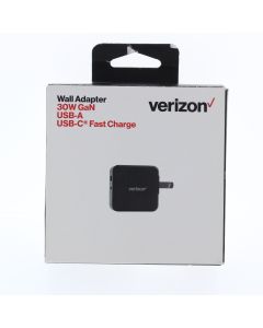 Verizon A-STOCK USB-C &amp; USB-A Wall Charger 30W 3AMP GaN Fast Charge Black - (TLV30WGANTYPECA)