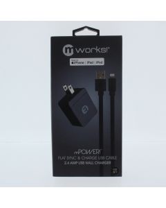 MWorks A-STOCK Cable USB-C To Lightning 1.8 Meter (5.9 ft) + 2.4A Usb-A Wall Charger Black  - (CDDA08NA0003)