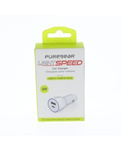 Pure Gear NEW Car Lighter to USB-C &amp; USB-A Car Charger 30W White 