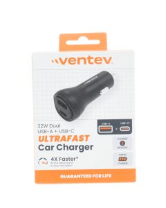 Ventev A-STOCK Car Lighter to USB-C &amp; USB-A Car Charger 32W 3AMP Black - (CC32-HD262891)
