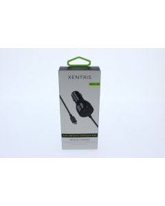Xentris NEW Car Lighter to Attached Micro USB Car Charger 12W 2.4AMP +USB A port Black - (31-1241-05-XP)